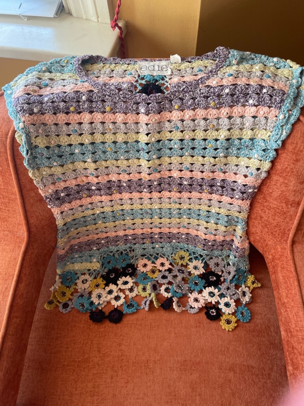 Anthropologie Vintage edie Crocheted Floral-Trim Vest